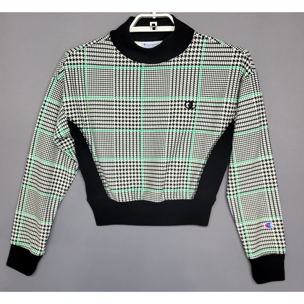 Champion Top Black White Green Houndstooth Plaid Pullover Cropped Womens XS